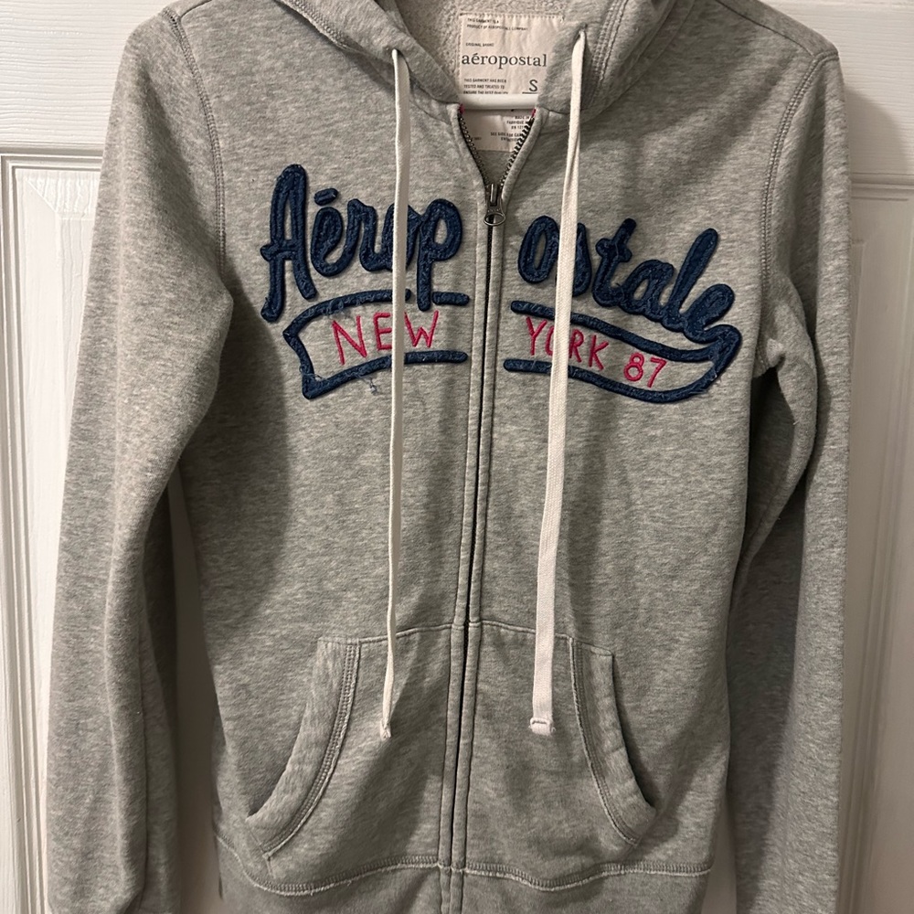 Juniors Aeropostale Zip Up Hoodie Grey With Puff Letters New York
